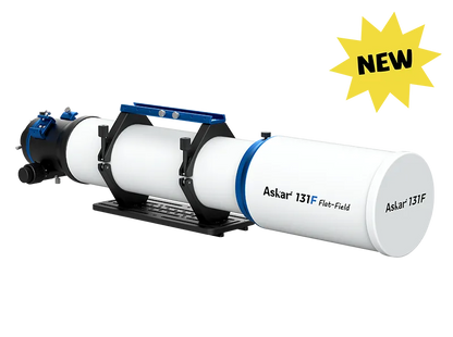 Askar 131F Flat-Field Astrograph telescope with a sleek optical tube and mounting accessories, designed for astrophotography.