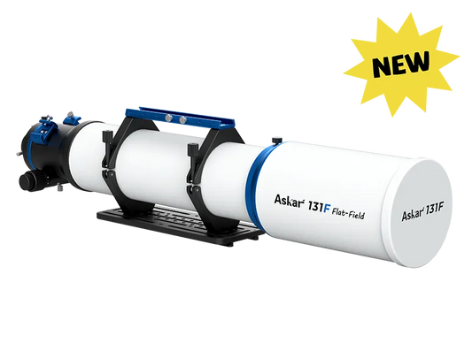 Askar 131F Flat-Field Astrograph telescope with a sleek optical tube and mounting accessories, designed for astrophotography.