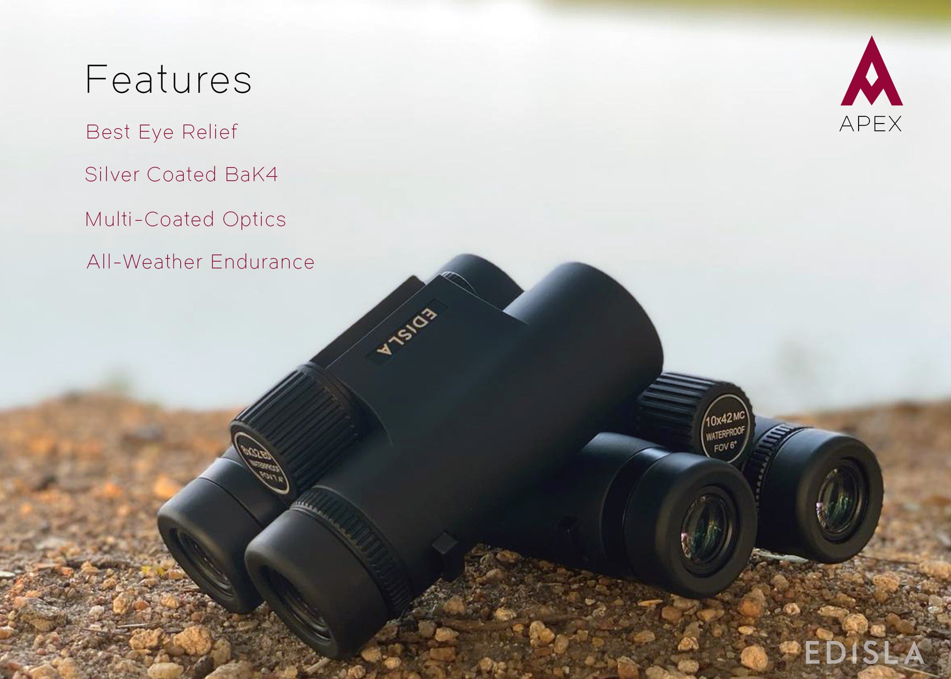 EDISLA Apex Binoculars feature overview showing all key specifications