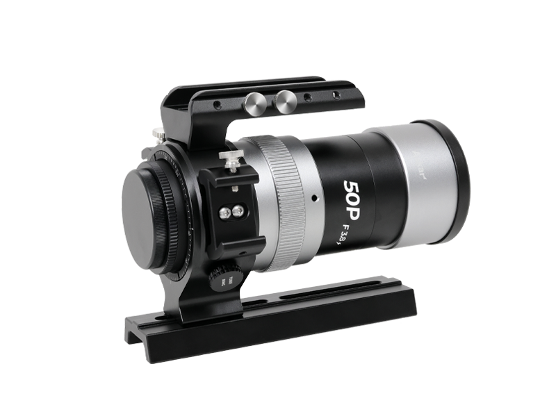 Askar 50P astrograph telescope showing a sleek, black optical tube with mounting accessories on a clear sky background.