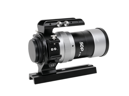 Askar 50P astrograph telescope showing a sleek, black optical tube with mounting accessories on a clear sky background.