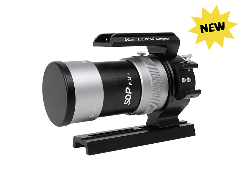 Askar 50P astrograph telescope with sleek black design and adjustable tripod, ideal for astrophotography and stargazing.