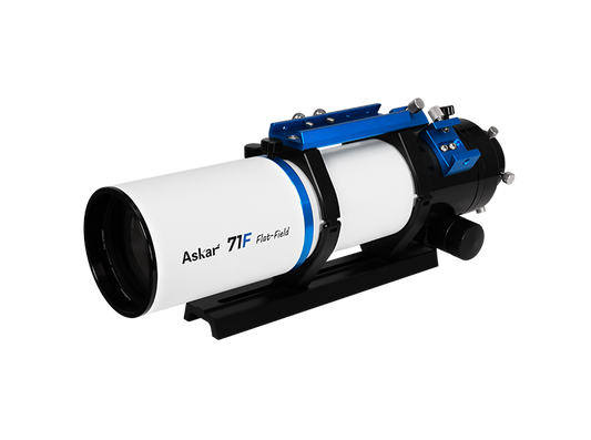 Askar 71F Flat-Field Astrograph telescope with a sleek optical tube and mounting accessories for astrophotography.