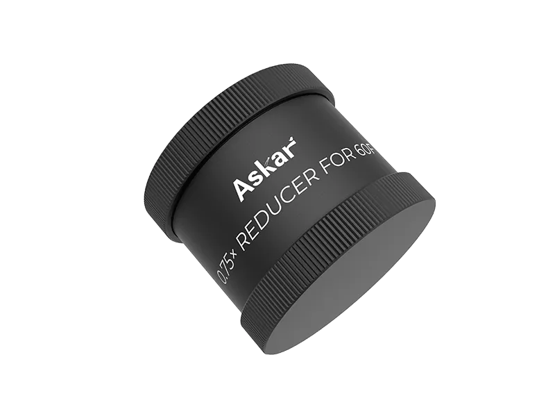 Askar 60F 0.75x reducer telescope accessory showing the optical reducer with threaded connections and metal construction
