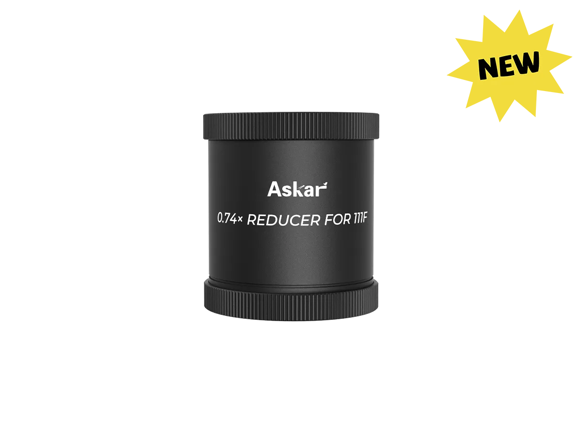 Askar 111F 0.74× reducer for telescope accessories, showing the precise optical component in a close-up image.