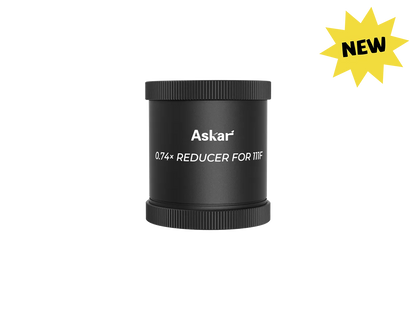 Askar 111F 0.74× reducer for telescope accessories, showing the precise optical component in a close-up image.