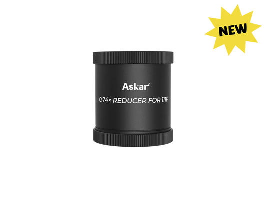Askar 111F 0.74× reducer for telescope accessories, showing the precise optical component in a close-up image.