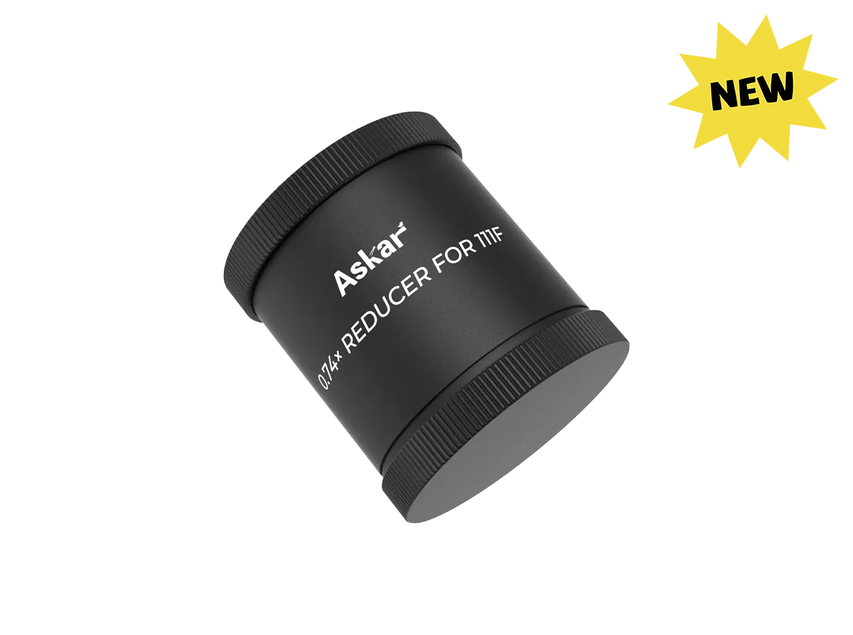 Askar 111F 0.74× reducer for telescope accessories, showing the compact optical device with threading and reflective surfaces.