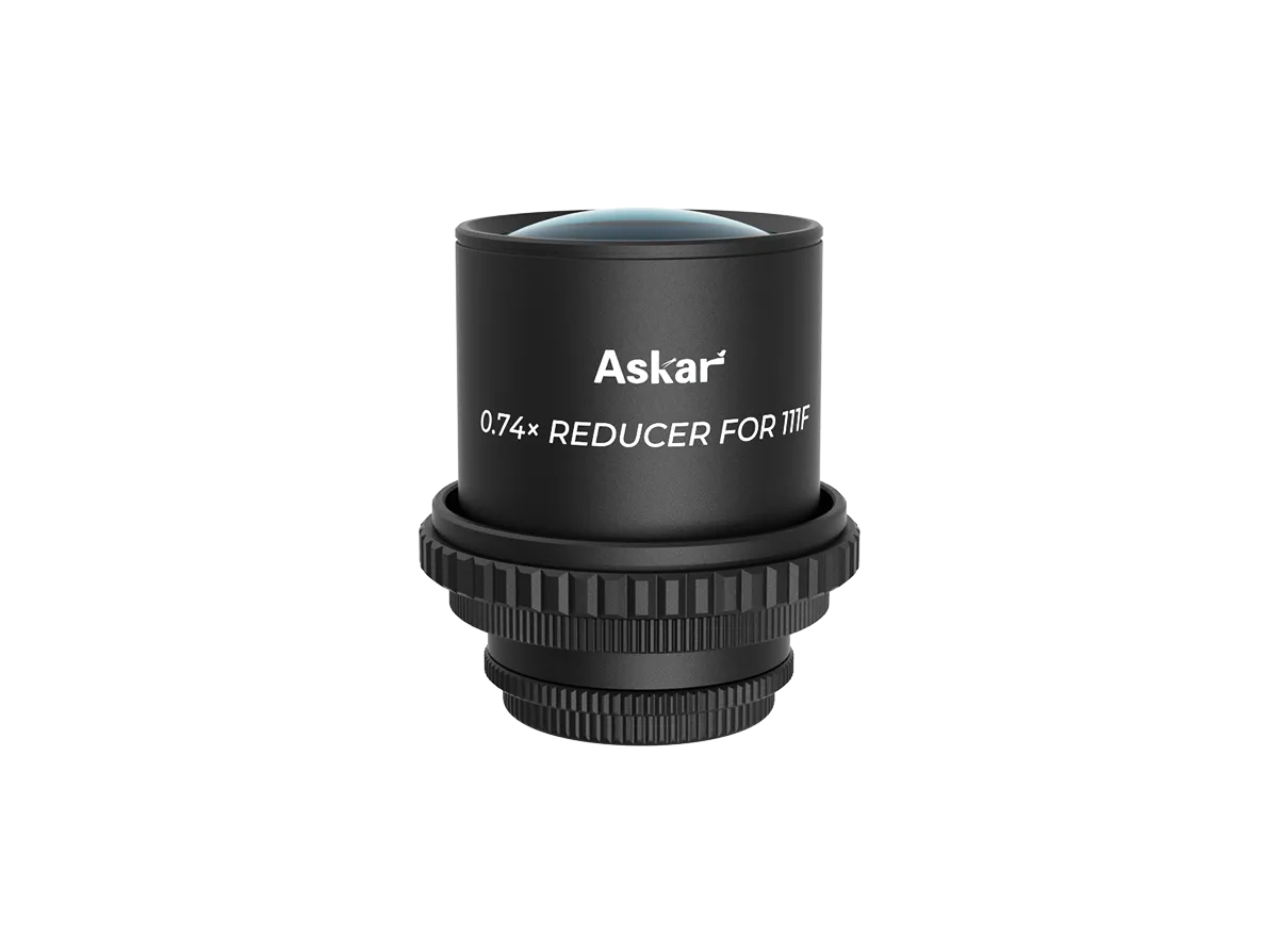 Askar 111F 0.74× telescope reducer attached to a telescope, showing the compact, precision optical accessory for astrophotography.