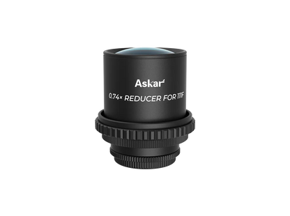 Askar 111F 0.74× telescope reducer attached to a telescope, showing the compact, precision optical accessory for astrophotography.