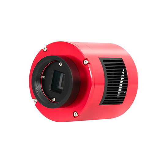 ZWO ASI585MM Pro astronomy camera with a compact black body and adjustable focus, designed for astrophotography and celestial imaging.