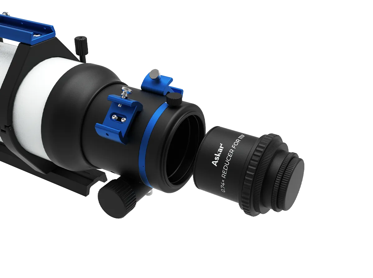 Askar 111F 0.74× reducer for telescope accessories, showing the compact optical component with threaded connections and black finish.