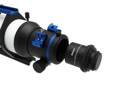 Askar 111F 0.74× reducer for telescope accessories, showing the compact optical component with threaded connections and black finish.