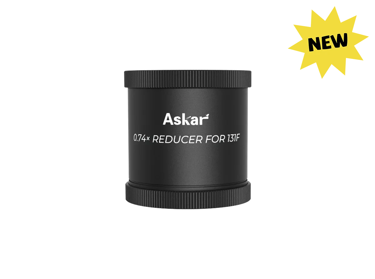 Askar 131F 0.74× reducer telescope accessory showing a compact metal adapter for enhancing telescope performance