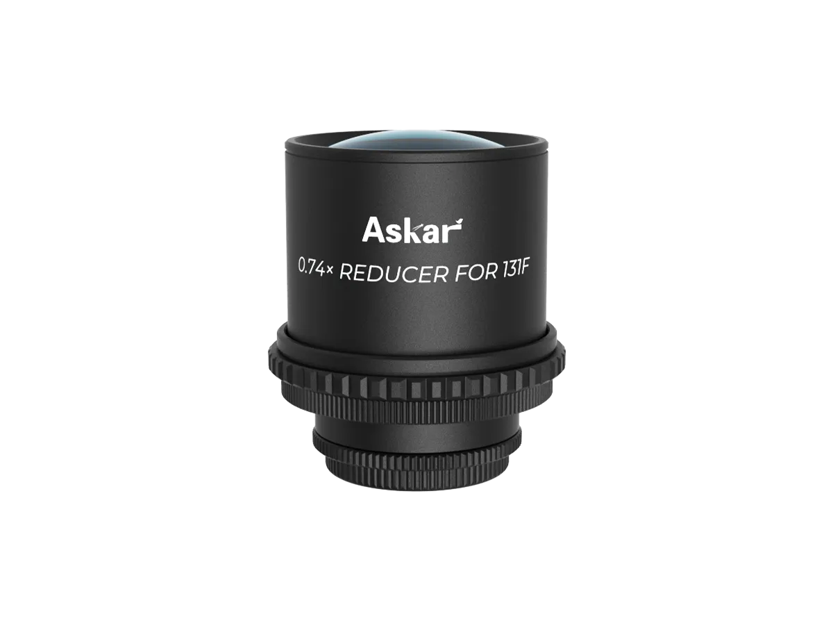 Askar 131F 0.74× telescope reducer accessory, shows metal optical adapter for enhancing telescope performance.