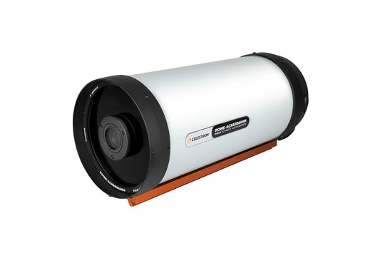 Celestron 8-inch Rowe-Ackermann Schmidt Astrograph optical tube assembly with CGE dovetail mount, featuring sleek black design and optical components.