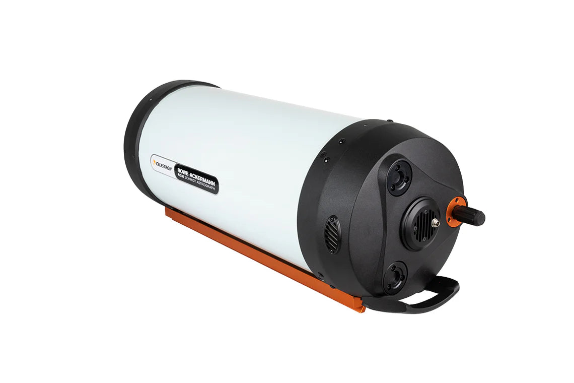 Celestron 8-inch Rowe-Ackermann Schmidt Astrograph optical tube assembly with CGE dovetail mount, shown in a professional astrophotography setup.