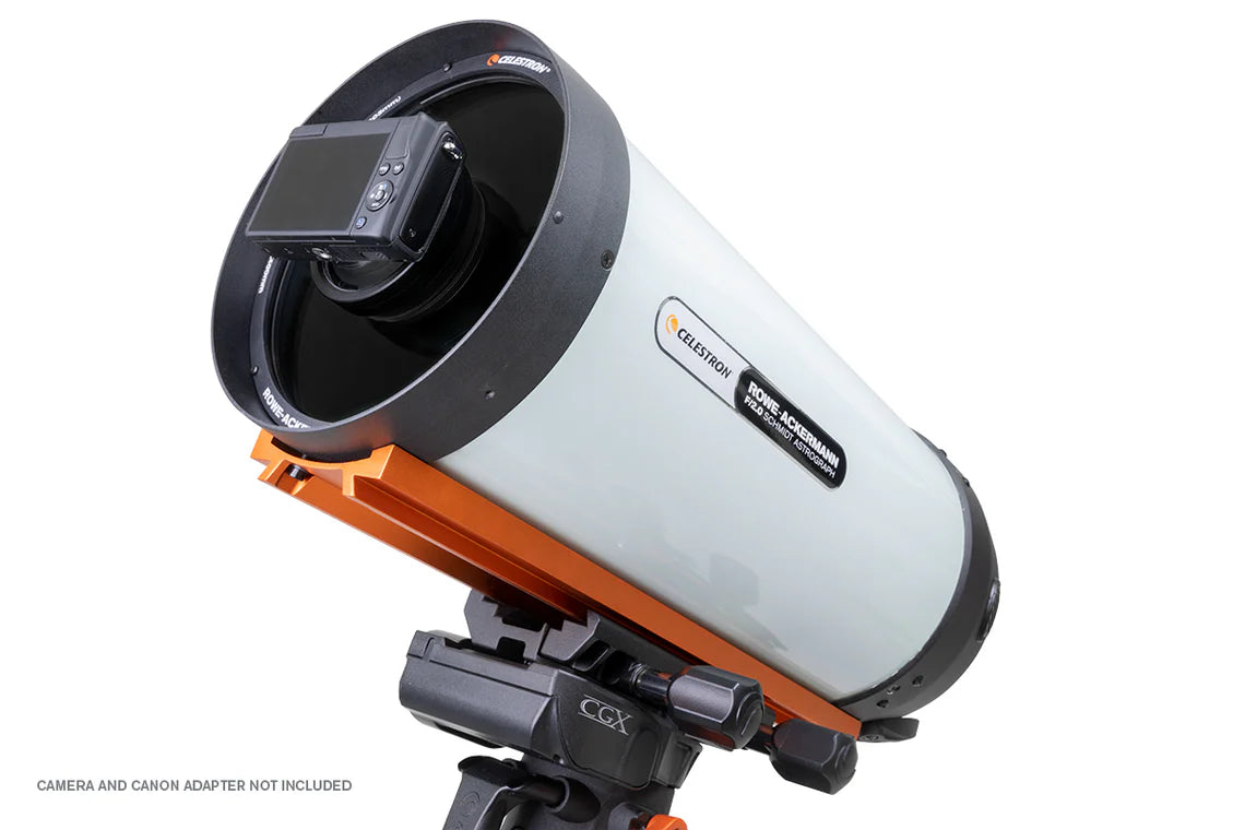 Celestron RASA 8-inch Astrograph optical tube assembly with CGE dovetail mount, showcasing the sleek, black optical tube and focuser.
