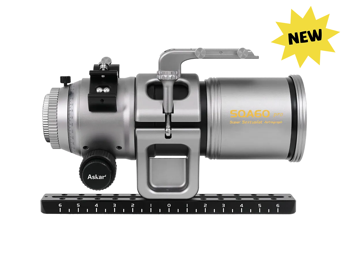 Askar SQA60 Pro astrograph telescope with black metal body and optical lens, designed for astrophotography and celestial observation
